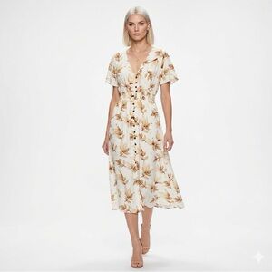 NEW Boho Autumn Leaf Midi Dress MEDIUM Beige Split Sides NWOT